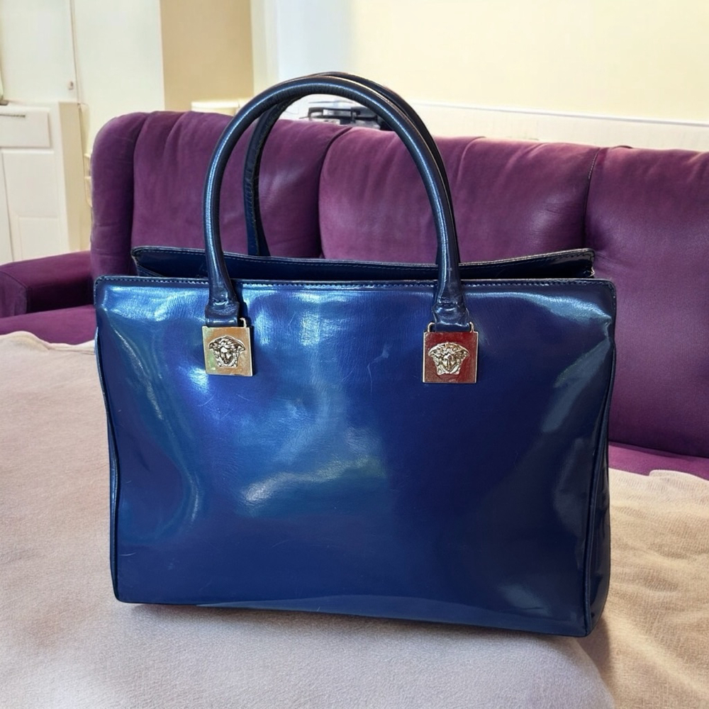 Versace Blue & Silver Patent Leather Tote Bag